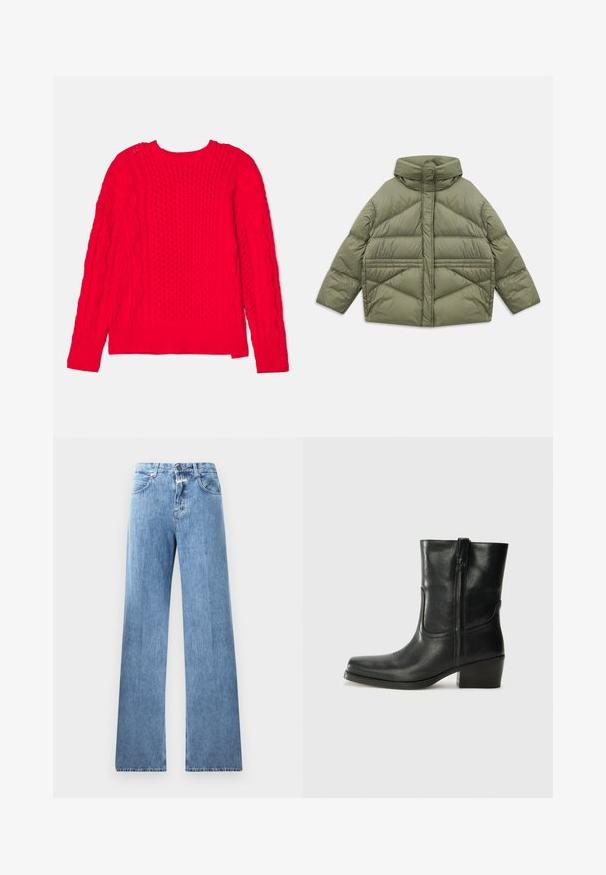 Veste en duvet vert olive avec un col haut, des coutures diagonales, des manches longues et des poches latérales zippées, posée à plat sur un fond blanc.; Pull en laine rouge avec un motif en nouage de câble, des bords côtelés et un col rond. Design texturé avec des manches longues.; Jeans en denim bleu clair avec une coupe large, cinq poches, passants de ceinture et fermeture à bouton. Le tissu a une texture lisse.; Bottine en cuir noir avec un bout rond, un talon carré, une fermeture éclair sur le côté et des coutures décoratives sur l'empeigne. Texture lisse, design classique.