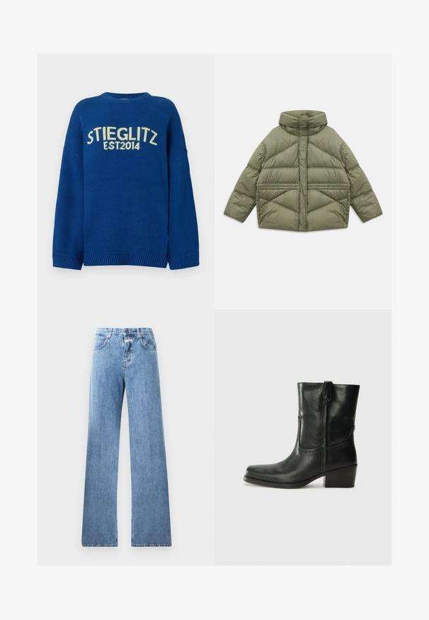 Olišu zaļš pūkains mētelis ar augstu apkakli, slīpiem šuvēm, garām piedurknēm un kabatām ar rāvējslēdzēju, izmests uz baltā fona.; Zils adīts svītra ar nolaižamiem pleciem, ribotām aprocēm un apakšu. Priekšpusē ir kontrastējošs dzeltens uzraksts "STIEGLITZ EST.2014".; Gaiši zili džinsi ar platām kājām, pieci kabatas, jostu cilpas un pogu aizdare. Audumam ir gluda tekstūra.; Melna ādas potīte ar noapaļotu purngalu, bloku papēdi, sānu rāvējslēdzēju un šuvju akcentiem uz virsmas. Gluda tekstūra, klasiskā dizaina.