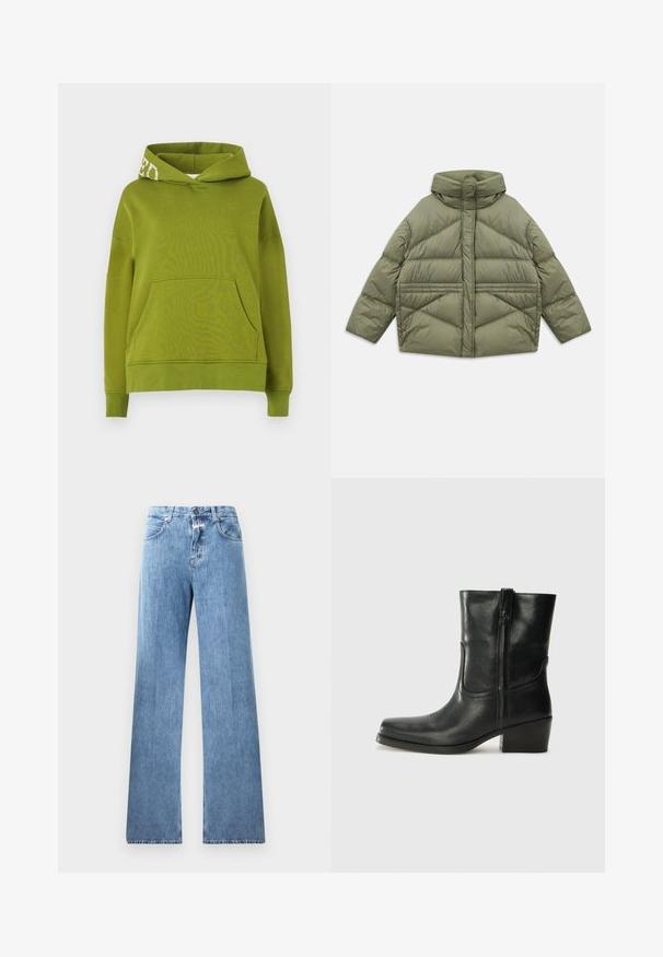 Giacca imbottita verde oliva con colletto alto, cuciture diagonali, maniche lunghe e tasche laterali con zip, distesa su sfondo bianco.; Felpa con cappuccio verde realizzata in tessuto morbido, con tasca frontale e dettaglio in lettere bianche sul bordo del cappuccio. Vestibilità comoda.; Jeans in denim blu chiaro con un design a gamba larga, cinque tasche, passanti per cintura e chiusura con bottone. Il tessuto ha una texture liscia.; Stivale ankle in pelle nera con punta arrotondata, tacco a blocco, cerniera laterale e dettagli in cucitura sulla tomaia. Texture liscia, design classico.