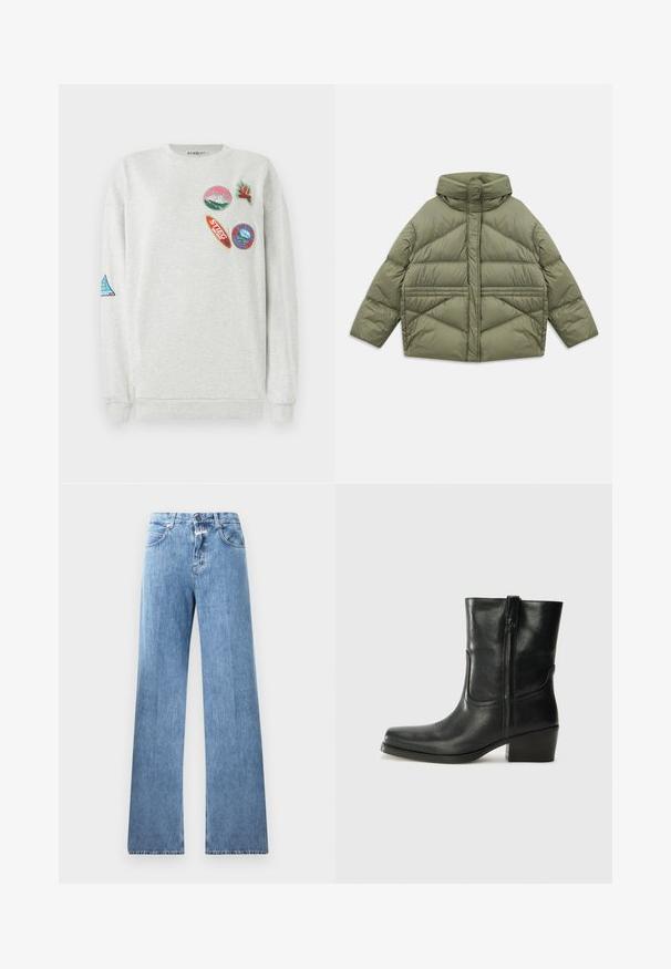 Olivovo zelená pufrová bunda s vysokým golierom, diagonálnym prešívaním, dlhými rukávmi a zipsovými bočnými vreckami, položená na bielom pozadí.; Svetlá šedá mikina s okrúhlym výstrihom, na prednej časti a rukáve sa nachádza päť farebných vyšitých nášiviek rôznych tvarov a dizajnov.; Svetlo modré denimové džínsy s širokým strihom, piatimi vreckami, pútkami na opasok a zapínaním na gombík. Tkanina má hladkú textúru.; Čierne kožené členkové topánky s okrúhlou špičkou, blokovým podpätkom, bočným zipsom a prešívaním na priehlavku. Hladká textúra, klasický dizajn.