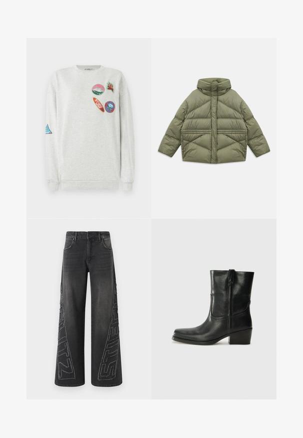 Olivovo zelená pufrová bunda s vysokým golierom, diagonálnym prešívaním, dlhými rukávmi a zipsovými bočnými vreckami, položená na bielom pozadí.; Svetlá šedá mikina s okrúhlym výstrihom, na prednej časti a rukáve sa nachádza päť farebných vyšitých nášiviek rôznych tvarov a dizajnov.; Čierne džínsy s širokými nohavicami vyrobené z denimu, s roztrhnutou vyšívanou grafikou po stranách a tradičným dizajnom s piatimi vreckami.; Čierne kožené členkové topánky s okrúhlou špičkou, blokovým podpätkom, bočným zipsom a prešívaním na priehlavku. Hladká textúra, klasický dizajn.