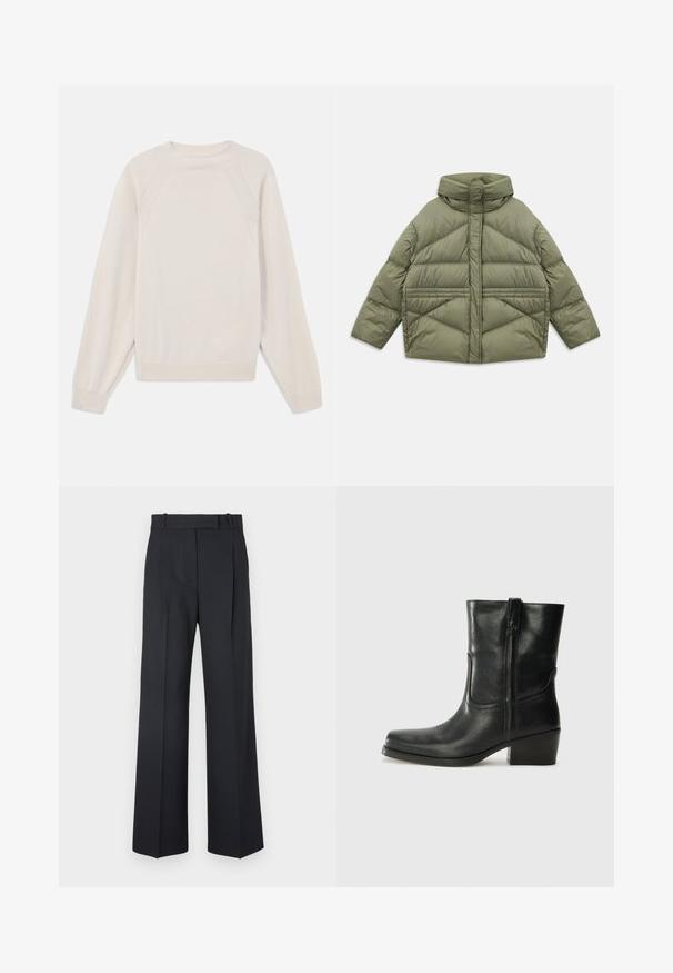 Olivgrüne Steppjacke mit hohem Kragen, diagonalen Nähten, langen Ärmeln und mit Reißverschluss versehenen Seitentaschen, flach auf einem weißen Hintergrund ausgebreitet.; Hellbeige Pullover aus weichem Strickstoff. Mit Rundhalsausschnitt, langen Ärmeln und gerippten Bündchen sowie Saum im Raglan-Schnitt.; Dunkelblaue Nadelstreifenhosen mit hoher Taille, weit geschnittenem Bein und ohne sichtbare Beschläge oder Verzierungen. Glatte Textur und taillierte Passform.; Schwarze Leder-Ankle Boots mit runder Zehenform, Blockabsatz, seitlichem Reißverschluss und gestickten Akzenten auf dem Blatt. Glatte Textur, klassisches Design.