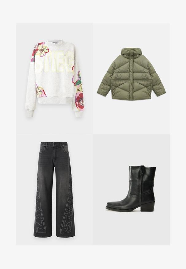 Oliivinvihreä untuvatakki korkealla kauluksella, vinonapituksilla, pitkillä hihoilla ja vetoketjullisilla sivutaskuilla, asetettuna tasaiseksi valkoista taustaa vasten.; Harmaa huppari, jossa on kukkakirjontaa hihoissa. Korostaa rohkeita keltaisia kirjaimia "STIEG". Pehmeä kangas, ribbireunat hihoissa ja helmassa.; Mustat leveät farkut, jotka on valmistettu denimistä, jossa on repaleinen brodeerattu graafinen kuvio sivuilla ja perinteinen viisi taskua.; Musta nahkasaapas nilkkamittaisella varrella, pyöreällä kärjellä, lohkarekorolla, sivuvetoketjulla ja ompeluaksentilla varren yläosassa. Suora pinta, klassinen muotoilu.