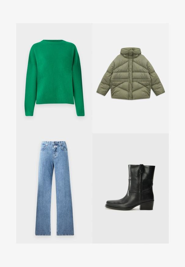 Giacca imbottita verde oliva con colletto alto, cuciture diagonali, maniche lunghe e tasche laterali con zip, distesa su sfondo bianco.; Maglione verde a maglia con vestibilità rilassata, scollo rotondo, spalle scese e orlo a costine. Texture liscia con una finitura uniforme.; Jeans in denim blu chiaro con un design a gamba larga, cinque tasche, passanti per cintura e chiusura con bottone. Il tessuto ha una texture liscia.; Stivale ankle in pelle nera con punta arrotondata, tacco a blocco, cerniera laterale e dettagli in cucitura sulla tomaia. Texture liscia, design classico.