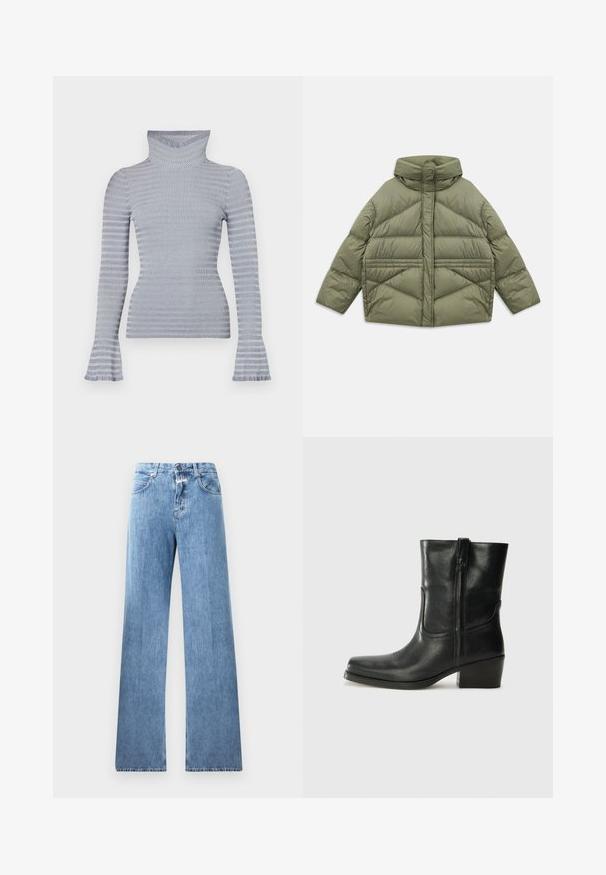 Olivnozeleni napihani jopič z visokim ovratnikom, diagonalnim šivanjem, dolgimi rokavi in z zadrgo zaprtimi stranskimi žepi, položen na belo ozadje.; Svetliko s sivo-belimi črtami, rebrast turtleneck pulover z dolgimi rokavi in subtilnimi širšimi manšetami na belem ozadju.; Svetlo modre denim hlače z širokimi hlačnicami, petimi žepi, pasnimi zankami in gumbom za zapiranje. Tkanina ima gladko teksturo.; Črne usnjene gležnjarje z zaobljenim nosom, blok peto, stransko zadrgo in šivanjem na vampu. Gladka tekstura, klasična zasnova.