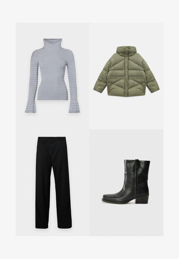 Alyvmedis puffer džemperis su aukštu apykakle, įstrižinėmis siūlėmis, ilgomis rankovėmis ir užtrauktukais šonuose, padėtas ant balto fono.; Šviesiai pilka ir balta dryžuota, šonkaine megzta golfas su ilgomis rankovėmis ir subtiliais platėjantys rankogaliais ant balto fono.; Juodos juostelės plačios kelnės su unikaliu sulankstytu dizainu liemens srityje ir lygiu paviršiumi. Pasižymi pritaikytu meistriškumu ir šiuolaikiniais detalėmis.; Juodi odiniai aulinukai iki kulkšnies su apvali nosimi, blokuotais kulnais, šonine užtrauktuku ir siuvimo akcentais ant viršutinės dalies. Lygi tekstūra, klasikinis dizainas.