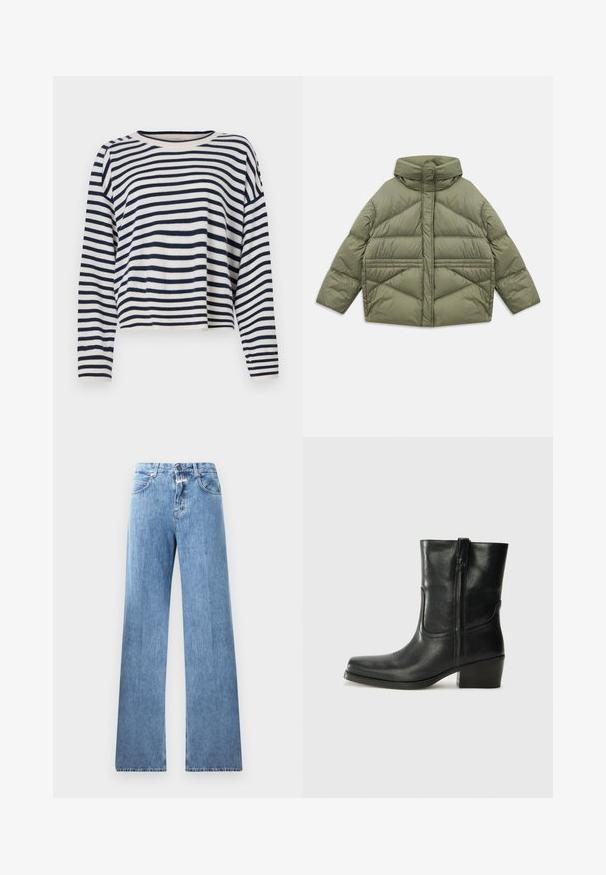Oliwkowa kurtka puchowa z wysokim kołnierzem, ukośnymi szwami, długimi rękawami i zasuwanymi bocznymi kieszeniami, leżąca płasko na białym tle.; Bawełniany sweter z długim rękawem, ozdobiony poziomymi paskami w kolorze granatowym i kremowym, z okrągłym dekoltem oraz krótkim krojem z prążkowanymi akcentami.; Bawełniana koszulka T-shirt z krótkim rękawem i okrągłym dekoltem, z czarnymi pionowymi paskami na białym tle oraz prostym krojem.; Jasnoniebieskie dżinsy o szerokim kroju, pięć kieszeni, szlufki na pasek i zapięcie na guzik. Tkanina ma gładką strukturę.; Czarne skórzane botki za kostkę z okrągłym noskiem, słupkowym obcasem, bocznym zamkiem i przeszyciami na cholewce. Gładka tekstura, klasyczny design.