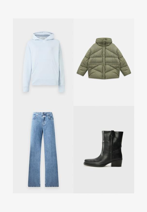 Olivgrön puffjacka med hög krage, diagonala sömmar, långa ärmar och dragkedjefickor på sidan, liggandes platt på vit bakgrund.; Ljusblå hoodie gjord av mjuk bomull. Har en framficka, dragsko i huvan och ribbade muddar. Logotyp tryckt på huvens kant.; Ljusblå denimjeans med en vida ben-design, fem fickor, bälteshällor och knäppning med knapp. Tyget har en mjuk textur.; Svart läderankelboot med rund tå, blockklack, sidodragkedja och sömmar på ovandelen. Slät textur, klassisk design.