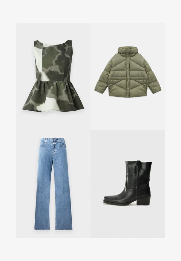 Olíva zöld pehelykabát magas gallérral, ferde varrással, hosszú ujjakkal és cipzáras oldazsebekkel, fehér háttéren lefektetve.; Zöld és bézs tónusú kamuflázs mintás szövetből készült peplum blúz, szűkített bodparnccal és fodros, bővülő szegéllyel.; Világoskék farmernadrág, széles lábakkal, öt zsebből, övrögzítőkből és gombzáras kivitelben. Az anyag sima textúrájú.; Fekete bőr bokacsizma lekerekített orral, blokk sarkúval, oldalsó cipzárral és varrásos díszítéssel az elején. Simább textúra, klasszikus dizájn.