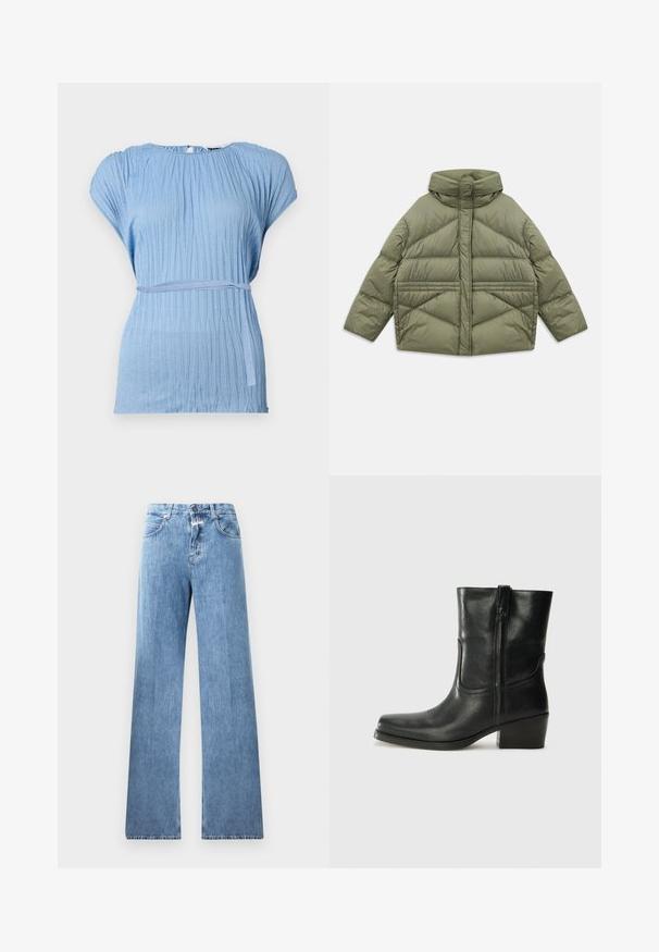 Olivově zelená péřová bunda s vysokým límcem, diagonálním prošíváním, dlouhými rukávy a zipovými bočními kapsami, ležící na bílém pozadí.; Světle modrá blůza s texturovaným, skládáním a krátkými rukávy; má odpovídající látkový pásek kolem pasu pro zvýraznění.; Světle modré džíny s širokým střihem, pěti kapsami, poutky na opasek a zapínáním na knoflík. Látka má hladkou texturu.; Černá kožená kotníková bota s kulatou špičkou, blokovým podpatkem, bočním zipem a prošíváním na svršku. Hladký povrch, klasický design.