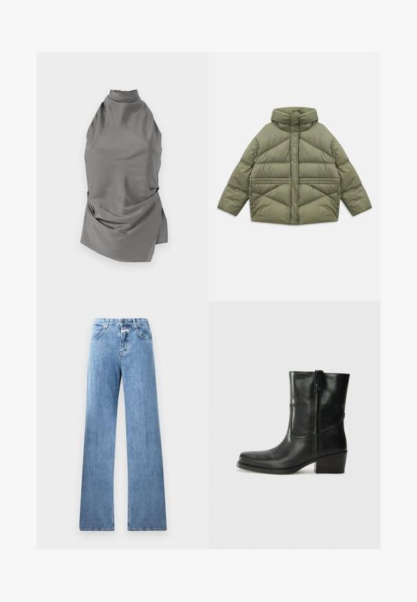 Giacca imbottita verde oliva con colletto alto, cuciture diagonali, maniche lunghe e tasche laterali con zip, distesa su sfondo bianco.; CLOSED HALTER NECK - Camicetta - led grey; Jeans in denim blu chiaro con un design a gamba larga, cinque tasche, passanti per cintura e chiusura con bottone. Il tessuto ha una texture liscia.; Stivale ankle in pelle nera con punta arrotondata, tacco a blocco, cerniera laterale e dettagli in cucitura sulla tomaia. Texture liscia, design classico.