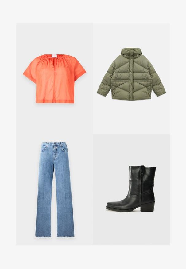 Oliivinvihreä untuvatakki korkealla kauluksella, vinonapituksilla, pitkillä hihoilla ja vetoketjullisilla sivutaskuilla, asetettuna tasaiseksi valkoista taustaa vasten.; Lyhythihainen, cropped-paita kirkkaan oranssina, valmistettu kevyestä kankaasta. Ominaisuuksiin kuuluu pyöreä kaula-aukko, jossa on kerätty yksityiskohta, sekä edessä solmittava suljenta.; Vaaleansiniset farkut, joissa on leveä lahje, viisi taskua, vyölenkit ja nappikiinnitys. Kankaan pinta on sileä.; Musta nahkasaapas nilkkamittaisella varrella, pyöreällä kärjellä, lohkarekorolla, sivuvetoketjulla ja ompeluaksentilla varren yläosassa. Suora pinta, klassinen muotoilu.