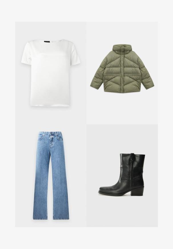 Giacca imbottita verde oliva con colletto alto, cuciture diagonali, maniche lunghe e tasche laterali con zip, distesa su sfondo bianco.; Blusa bianca a maniche corte con scollatura tonda e texture liscia simile alla seta. Dettaglio di chiusura posteriore con una leggera lucentezza.; Jeans in denim blu chiaro con un design a gamba larga, cinque tasche, passanti per cintura e chiusura con bottone. Il tessuto ha una texture liscia.; Stivale ankle in pelle nera con punta arrotondata, tacco a blocco, cerniera laterale e dettagli in cucitura sulla tomaia. Texture liscia, design classico.