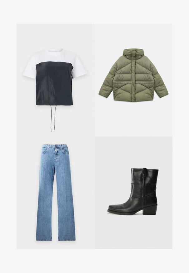 Chaqueta acolchada de color verde oliva con cuello alto, costuras diagonales, mangas largas y bolsillos laterales con cremallera, colocada plana sobre un fondo blanco.; Camiseta corta de manga corta con parte superior de algodón blanca y parte inferior de poliéster gris oscuro y brillante, con un dobladillo ajustable con cordón.; Jeans de mezclilla de color azul claro con un diseño de pierna ancha, cinco bolsillos, trabillas para cinturón y cierre de botón. La tela tiene una textura suave.; Botín negro de cuero hasta el tobillo con punta redondeada, tacón cuadrado, cremallera lateral y detalles de costura en el empeine. Textura suave, diseño clásico.