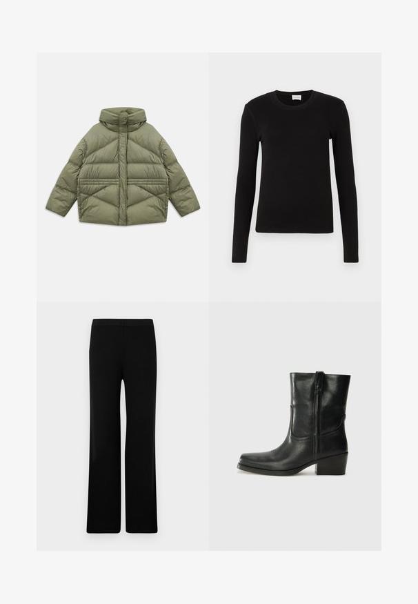 Olivově zelená péřová bunda s vysokým límcem, diagonálním prošíváním, dlouhými rukávy a zipovými bočními kapsami, ležící na bílém pozadí.; Černé dlouhé rukávy tričko vyrobené z měkké, hladké látky. Vybaveno kulatým výstřihem a přiléhavým střihem, bez viditelných vzorů nebo akcentů.; Černé kalhoty s širokým střihem, hladkým povrchem a elastickým pasem, s ribbovaným vzorem. Jednoduchý a univerzální střih.; Černá kožená kotníková bota s kulatou špičkou, blokovým podpatkem, bočním zipem a prošíváním na svršku. Hladký povrch, klasický design.