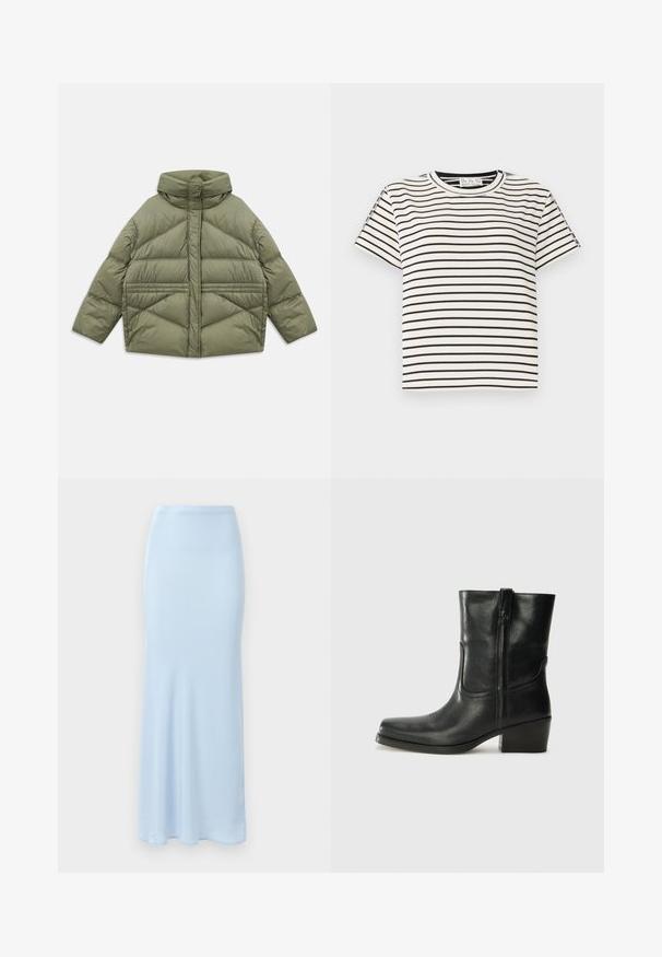 Olivovo zelená pufrová bunda s vysokým golierom, diagonálnym prešívaním, dlhými rukávmi a zipsovými bočnými vreckami, položená na bielom pozadí.; Bavlnené tričko s krátkym rukávom a okrúhlym výstrihom, s čiernymi vertikálnymi pruhmi na bielom pozadí a priamym strihom.; Svetlomodrá, dlhá saténová sukňa s priliehavým pásom a jemným rozšírením dole na bielom pozadí.; Čierne kožené členkové topánky s okrúhlou špičkou, blokovým podpätkom, bočným zipsom a prešívaním na priehlavku. Hladká textúra, klasický dizajn.
