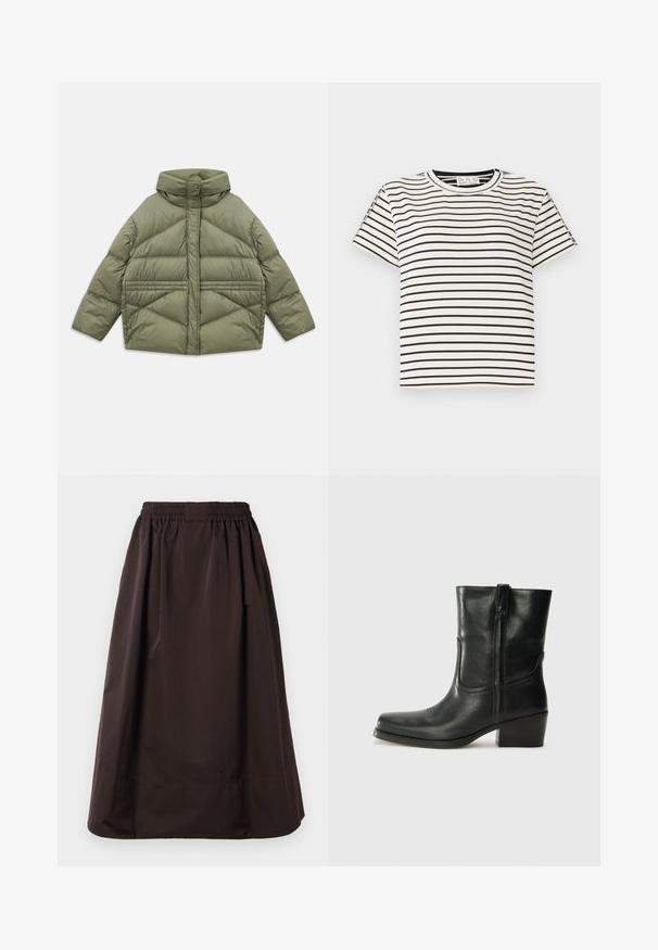 Jachetă puffer de culoare verde măslin, cu guler înalt, cusături diagonale, mâneci lungi și buzunare laterale cu fermoar, întinsă pe un fundal alb.; Tricou din bumbac cu mânecă scurtă, cu guler rotund, având dungi verticale negre pe un fundal alb și un design cu croială dreaptă.; Fustă midi de culoare maro, cu talie elastică și detalii cu margine largă, realizată dintr-un material neted, cu pliuri subtile sub talie.; Botine din piele neagră, cu vârf rotund, toc pătrat, fermoar pe lateral și accente de cusături pe partea superioară. Textură netedă, design clasic.