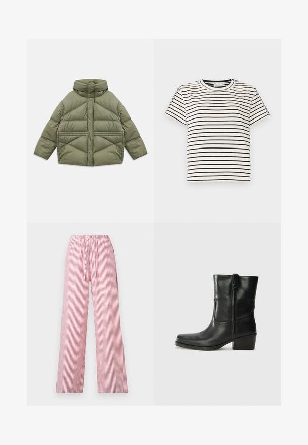 Jachetă puffer de culoare verde măslin, cu guler înalt, cusături diagonale, mâneci lungi și buzunare laterale cu fermoar, întinsă pe un fundal alb.; Tricou din bumbac cu mânecă scurtă, cu guler rotund, având dungi verticale negre pe un fundal alb și un design cu croială dreaptă.; Pantaloni largi cu dungi verticale roșii și albe, cu talie elastică și șnur, confecționați dintr-un material ușor pentru confort.; Botine din piele neagră, cu vârf rotund, toc pătrat, fermoar pe lateral și accente de cusături pe partea superioară. Textură netedă, design clasic.
