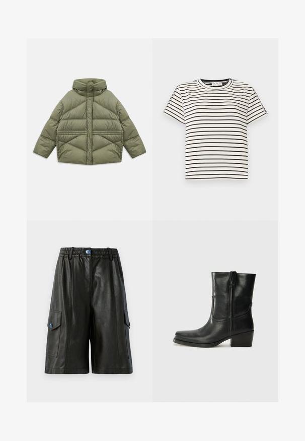 Oliwkowa kurtka puchowa z wysokim kołnierzem, ukośnymi szwami, długimi rękawami i zasuwanymi bocznymi kieszeniami, leżąca płasko na białym tle.; Bawełniana koszulka T-shirt z krótkim rękawem i okrągłym dekoltem, z czarnymi pionowymi paskami na białym tle oraz prostym krojem.; Czarne skórzane szorty cargo z elastycznym paskiem w talii, wyposażone w dwie boczne kieszenie, zamek błyskawiczny z przodu oraz niebieski guzik jako akcent.; Czarne skórzane botki za kostkę z okrągłym noskiem, słupkowym obcasem, bocznym zamkiem i przeszyciami na cholewce. Gładka tekstura, klasyczny design.