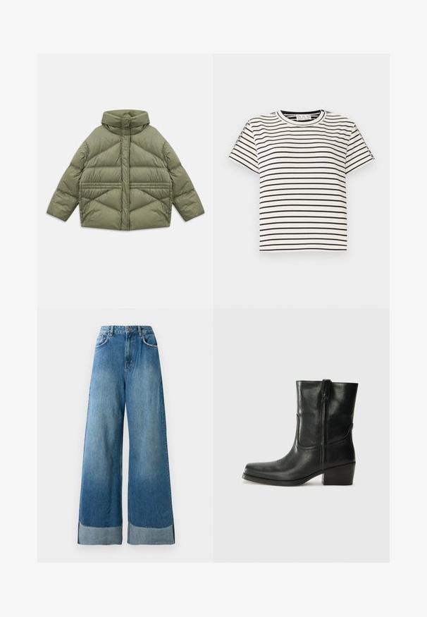 Olivovo zelená pufrová bunda s vysokým golierom, diagonálnym prešívaním, dlhými rukávmi a zipsovými bočnými vreckami, položená na bielom pozadí.; Bavlnené tričko s krátkym rukávom a okrúhlym výstrihom, s čiernymi vertikálnymi pruhmi na bielom pozadí a priamym strihom.; Modré riflové nohavice s vysokým pásom a širokými nohavicami, predné vrecká, zapínanie na gombík a viditeľné vyblednuté manžety na leme.; Čierne kožené členkové topánky s okrúhlou špičkou, blokovým podpätkom, bočným zipsom a prešívaním na priehlavku. Hladká textúra, klasický dizajn.