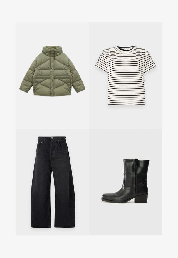 Alyvmedis puffer džemperis su aukštu apykakle, įstrižinėmis siūlėmis, ilgomis rankovėmis ir užtrauktukais šonuose, padėtas ant balto fono.; Medvilninis trumpas rankovėmis marškinėliai su apvaliu iškirpimu, su juodomis vertikaliomis juostelėmis ant baltos fono ir tiesiai supjaustytu dizainu.; Citizens of Humanity HORSESHOE - Laisvo kirpimo džinsai - black; Juodi odiniai aulinukai iki kulkšnies su apvali nosimi, blokuotais kulnais, šonine užtrauktuku ir siuvimo akcentais ant viršutinės dalies. Lygi tekstūra, klasikinis dizainas.