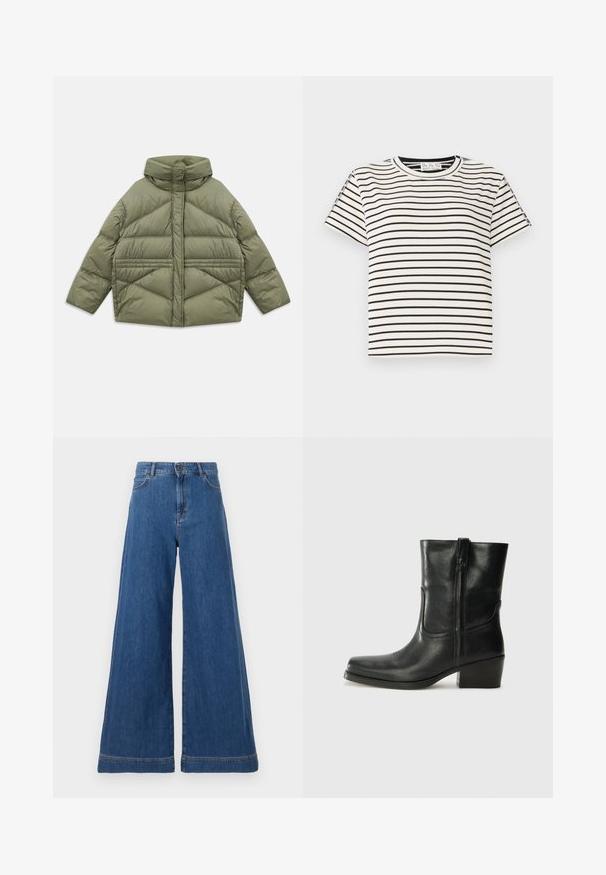 Olive green puffer jacket with high collar, diagonal stitching, long sleeves, and zippered side pockets, laid flat on white background.; Cotton short-sleeve T-shirt with a crew neckline, featuring black vertical stripes on a white background and a straight cut design.; Wide-leg denim jeans in mid-blue, featuring a high waist, five-pocket design, and visible stitching along the hem.; Black leather ankle boot with a rounded toe, block heel, side zipper, and stitching accents on the vamp. Smooth texture, classic design.