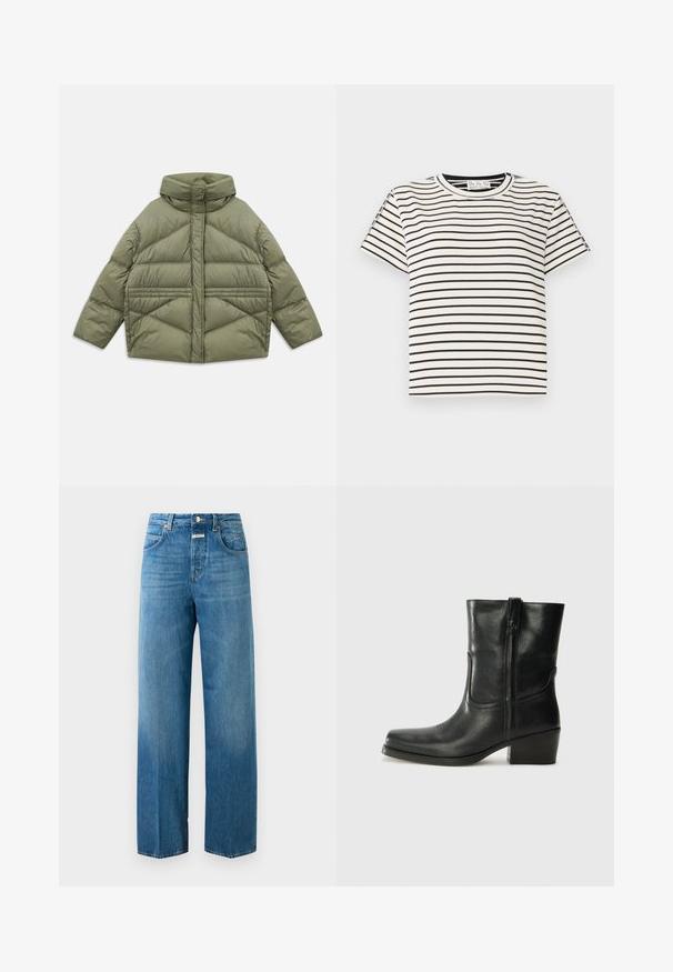 Chaqueta acolchada de color verde oliva con cuello alto, costuras diagonales, mangas largas y bolsillos laterales con cremallera, colocada plana sobre un fondo blanco.; Camiseta de algodón de manga corta con cuello redondo, que presenta rayas verticales negras sobre un fondo blanco y un diseño de corte recto.; Vaqueros de denim azul de pierna recta de cintura alta con bolsillos delanteros y traseros, cierre de botón y pasadores para cinturón sobre un fondo blanco.; Botín negro de cuero hasta el tobillo con punta redondeada, tacón cuadrado, cremallera lateral y detalles de costura en el empeine. Textura suave, diseño clásico.
