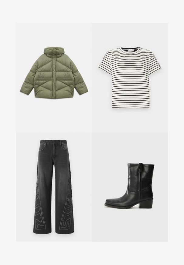 Alyvmedis puffer džemperis su aukštu apykakle, įstrižinėmis siūlėmis, ilgomis rankovėmis ir užtrauktukais šonuose, padėtas ant balto fono.; Medvilninis trumpas rankovėmis marškinėliai su apvaliu iškirpimu, su juodomis vertikaliomis juostelėmis ant baltos fono ir tiesiai supjaustytu dizainu.; Juodos plačios kojų džinsai, pagaminti iš denimo, su ištranširuotu išsiuvinėtu piešiniu šonuose ir tradiciniu penkių kišenių dizainu.; Juodi odiniai aulinukai iki kulkšnies su apvali nosimi, blokuotais kulnais, šonine užtrauktuku ir siuvimo akcentais ant viršutinės dalies. Lygi tekstūra, klasikinis dizainas.