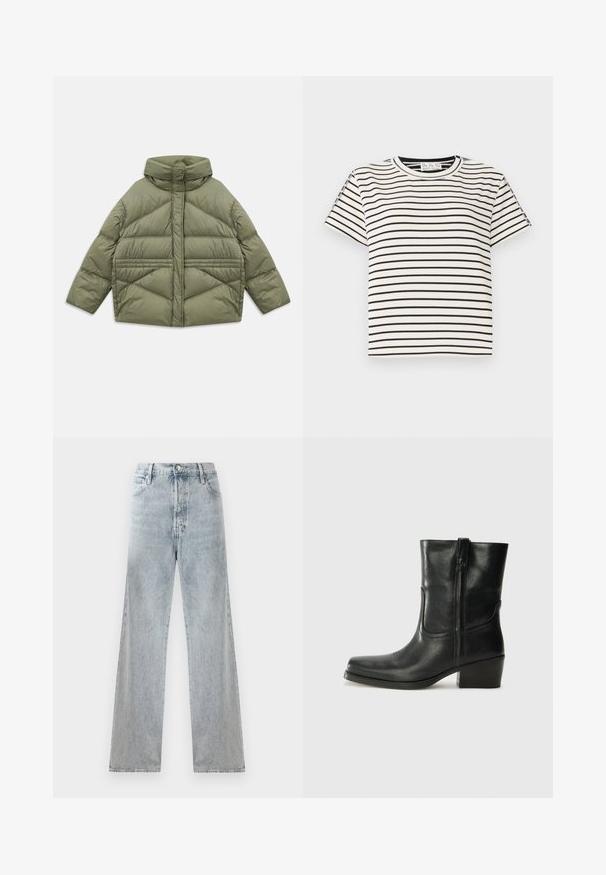Olive green puffer jacket with high collar, diagonal stitching, long sleeves, and zippered side pockets, laid flat on white background.; Cotton short-sleeve T-shirt with a crew neckline, featuring black vertical stripes on a white background and a straight cut design.; Light blue denim jeans with a high waist, wide-leg silhouette, traditional five-pocket design, and subtle whiskering effects.; Black leather ankle boot with a rounded toe, block heel, side zipper, and stitching accents on the vamp. Smooth texture, classic design.