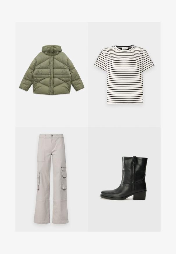 Olivgrüne Steppjacke mit hohem Kragen, diagonalen Nähten, langen Ärmeln und mit Reißverschluss versehenen Seitentaschen, flach auf einem weißen Hintergrund ausgebreitet.; Kurzarm-T-Shirt aus Baumwolle mit Rundhalsausschnitt, das auf einem weißen Hintergrund schwarze vertikale Streifen und einen geraden Schnitt aufweist.; Hellegraue Cargo-Hosen mit weitem Bein, mehreren Taschen und einer strukturierten Stoffoberfläche. Mit sichtbaren Nähten und einem Knopfverschluss.; Schwarze Leder-Ankle Boots mit runder Zehenform, Blockabsatz, seitlichem Reißverschluss und gestickten Akzenten auf dem Blatt. Glatte Textur, klassisches Design.