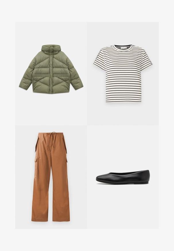 Olivengrøn puffjakke med høj krave, diagonale syninger, lange ærmer og lynlåslommer på siden, lagt fladt på hvid baggrund.; Kortærmet T-shirt i bomuld med rund hals, med sorte lodrette striber på en hvid baggrund og lige snit design.; Brune bred-bens cargo bukser lavet af letvægtsstof, med en elastisk talje med snøre og sidelommer.; Paul Smith TOPANGA - Ballerinasko - black