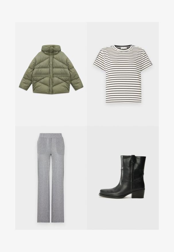 Alyvmedis puffer džemperis su aukštu apykakle, įstrižinėmis siūlėmis, ilgomis rankovėmis ir užtrauktukais šonuose, padėtas ant balto fono.; Medvilninis trumpas rankovėmis marškinėliai su apvaliu iškirpimu, su juodomis vertikaliomis juostelėmis ant baltos fono ir tiesiai supjaustytu dizainu.; Pilki, raukšlėti megzti kelnių su tvirtai prigludusia juosmens juosta ir platėjančiomis kojomis. Savybė, suteikianti subtilų blizgesį ir vertikalias juosteles tekstūrai.; Juodi odiniai aulinukai iki kulkšnies su apvali nosimi, blokuotais kulnais, šonine užtrauktuku ir siuvimo akcentais ant viršutinės dalies. Lygi tekstūra, klasikinis dizainas.