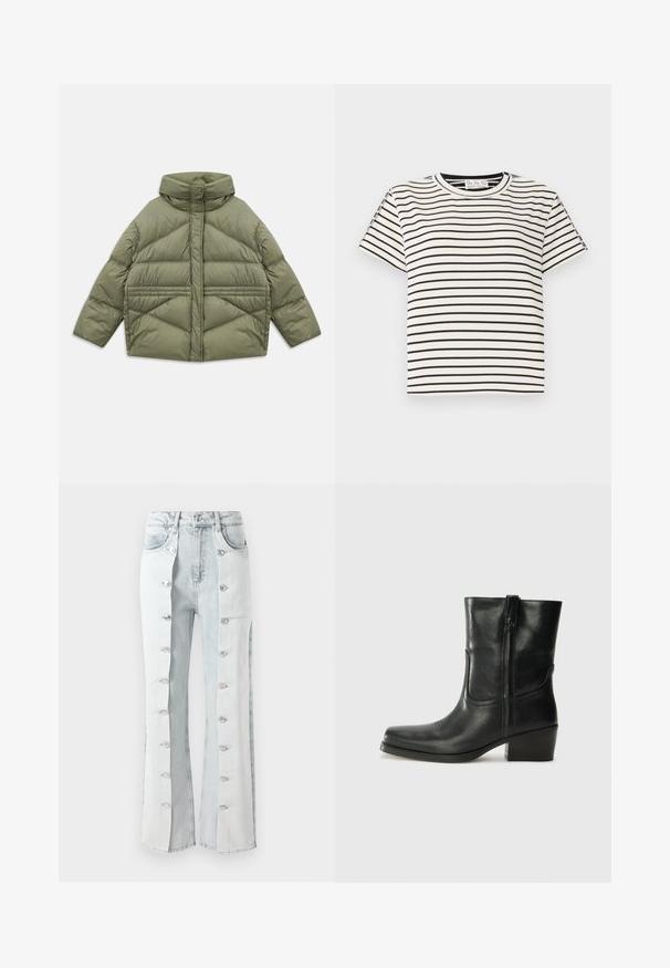 Giacca imbottita verde oliva con colletto alto, cuciture diagonali, maniche lunghe e tasche laterali con zip, distesa su sfondo bianco.; T-shirt in cotone a maniche corte con scollo rotondo, caratterizzato da strisce verticali nere su sfondo bianco e un design a taglio dritto.; Jeans in denim azzurro chiaro con dettagli in bottone argentato, caratterizzati da un design a gamba larga e pannelli laterali. Il tessuto presenta una finitura testurizzata.; Stivale ankle in pelle nera con punta arrotondata, tacco a blocco, cerniera laterale e dettagli in cucitura sulla tomaia. Texture liscia, design classico.