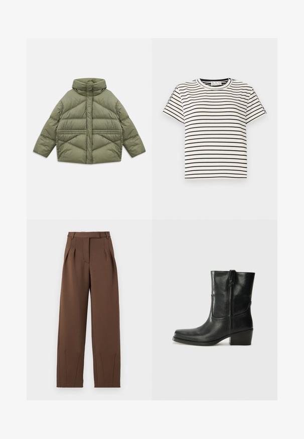 Olive green puffer jacket with high collar, diagonal stitching, long sleeves, and zippered side pockets, laid flat on white background.; Cotton short-sleeve T-shirt with a crew neckline, featuring black vertical stripes on a white background and a straight cut design.; Brown trousers made of smooth fabric, with a high waistband, front pleats, and a relaxed fit. Features side pockets and tapered legs.; Black leather ankle boot with a rounded toe, block heel, side zipper, and stitching accents on the vamp. Smooth texture, classic design.