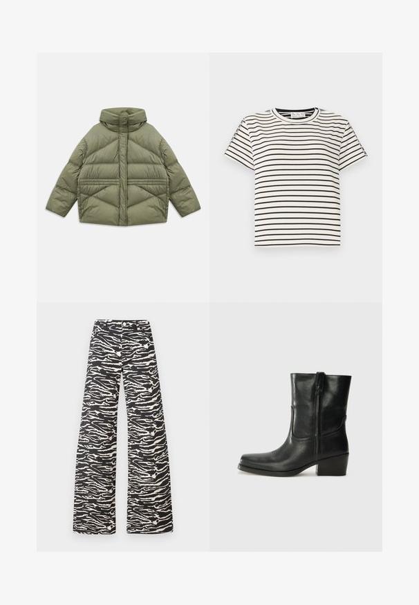 Õlivaheline puffer jakk kõrge kraega, diagonaalse õmblusega, pikad varrukad ja lukuga küljetaskud, laotuna valgel taustal.; Puuvillane lühikeste varrukatega T-särk, ümarate kaelustega, millel on mustad vertikaalsed triibud valgel taustal ja sirge lõige.; Laiad püksid musta ja kreemika zebra triibumustriga. Valmistatud tekstureeritud kangast, klassikalise vöökoha ja ees olevate taskutega.; Musta nahast pahkluu saabas ümarate varvastega, plokknäppu, külgsepa ja pealsetel õmblusest aktsentidega. Sile tekstuur, klassikaline disain.
