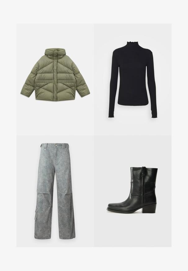 Maslinasto zelena puffer jakna s visokim ovratnikom, dijagonalnim šavovima, dugim rukavima i bočnim džepovima na zip, položena ravno na bijeloj pozadini.; Crni dugi rukav turtleneck majica izrađena od glatkog materijala, s volanima oko vrata i uskim siluetom s jednostavnim rubovima.; Svijetloplave cargo hlače izrađene od teksturiranog denima s opuštenim krojem, koje sadrže velike bočne džepove i zatvaranje na gumbi u struku.; Crne kožne čizme do članaka s okruglim vrhom, blok potpeticom, bočnim patentnim zatvaračem i detaljima od šavova na gornjem dijelu. Glatka tekstura, klasičan dizajn.