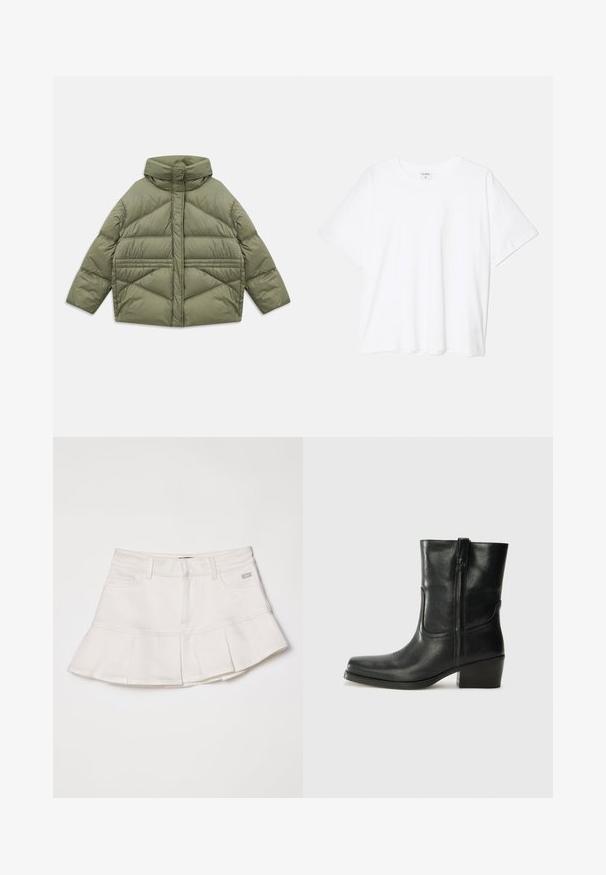 Alyvmedis puffer džemperis su aukštu apykakle, įstrižinėmis siūlėmis, ilgomis rankovėmis ir užtrauktukais šonuose, padėtas ant balto fono.; Balta medvilnės marškinėliai trumpomis rankovėmis, apvalia iškirpte, laisvo kirpimo ir su siūtu kraštu. Etiketė matoma vidinėje iškirptės pusėje.; Balta džinsinė sijonas su prigludusia juosmeniu ir platėjančiu klostuotu apvadu. Įtrauktos priekinės kišenės ir mažas logotipo detalė ant juosmens.; Juodi odiniai aulinukai iki kulkšnies su apvali nosimi, blokuotais kulnais, šonine užtrauktuku ir siuvimo akcentais ant viršutinės dalies. Lygi tekstūra, klasikinis dizainas.