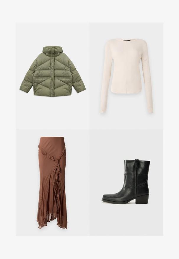 Veste en duvet vert olive avec un col haut, des coutures diagonales, des manches longues et des poches latérales zippées, posée à plat sur un fond blanc.; Haut à manches longues, beige clair avec un col rond. Fait dans un tissu doux, il présente une couture centrale et un ourlet légèrement courbé. Pas de métal visible.; Jupe longue marron en tissu léger. Présente un design à volants le long de l'ourlet asymétrique et une silhouette fluide.; Bottine en cuir noir avec un bout rond, un talon carré, une fermeture éclair sur le côté et des coutures décoratives sur l'empeigne. Texture lisse, design classique.