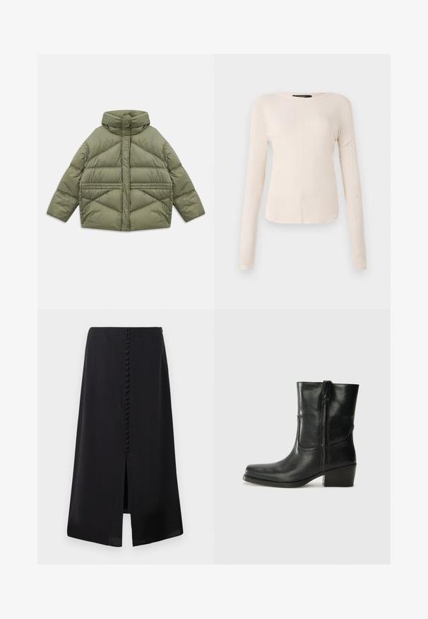 Olivgrüne Steppjacke mit hohem Kragen, diagonalen Nähten, langen Ärmeln und mit Reißverschluss versehenen Seitentaschen, flach auf einem weißen Hintergrund ausgebreitet.; Langärmliges, hellbeiges Oberteil mit rundem Ausschnitt. Aus weichem Stoff gefertigt, verfügt es über eine zentrale Naht und einen leicht geschwungenen Saum. Keine sichtbaren Beschläge.; Schwarzer Midirock aus glattem Material, mit einem Schlitz vorne und einer Reihe von kleinen Knöpfen auf der Rückseite für Details.; Schwarze Leder-Ankle Boots mit runder Zehenform, Blockabsatz, seitlichem Reißverschluss und gestickten Akzenten auf dem Blatt. Glatte Textur, klassisches Design.