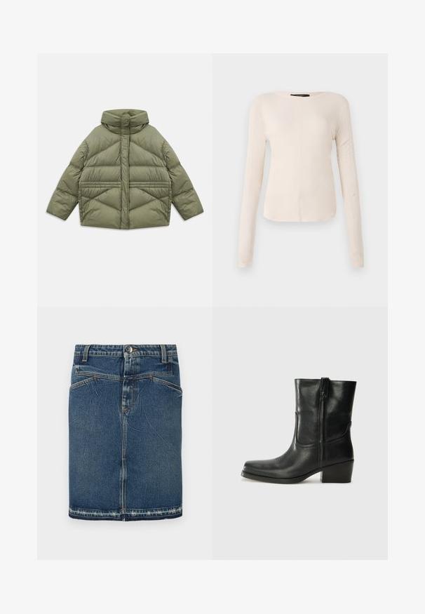 Maslinasto zelena puffer jakna s visokim ovratnikom, dijagonalnim šavovima, dugim rukavima i bočnim džepovima na zip, položena ravno na bijeloj pozadini.; Dugih rukava, svijetlo bež majica s okruglim izrezom. Izrađena od mekanog materijala, ima središnji šav i blago zakrivljen rub. Nema vidljivih metalnih dijelova.; Traper suknja s klasičnim plavim pranjem, dizajnom s pet džepova i strganim rubom. Zatvara se gumbom i zatvaračem s prednje strane.; Crne kožne čizme do članaka s okruglim vrhom, blok potpeticom, bočnim patentnim zatvaračem i detaljima od šavova na gornjem dijelu. Glatka tekstura, klasičan dizajn.