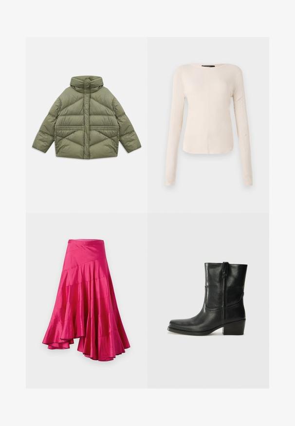 Olivgrüne Steppjacke mit hohem Kragen, diagonalen Nähten, langen Ärmeln und mit Reißverschluss versehenen Seitentaschen, flach auf einem weißen Hintergrund ausgebreitet.; Langärmliges, hellbeiges Oberteil mit rundem Ausschnitt. Aus weichem Stoff gefertigt, verfügt es über eine zentrale Naht und einen leicht geschwungenen Saum. Keine sichtbaren Beschläge.; Magenta Satinrock mit ausgestellt geschnittenem Saum, der überlagerten Paneele und asymmetrischem Design. Glatte Textur und mittellange Passform.; Schwarze Leder-Ankle Boots mit runder Zehenform, Blockabsatz, seitlichem Reißverschluss und gestickten Akzenten auf dem Blatt. Glatte Textur, klassisches Design.