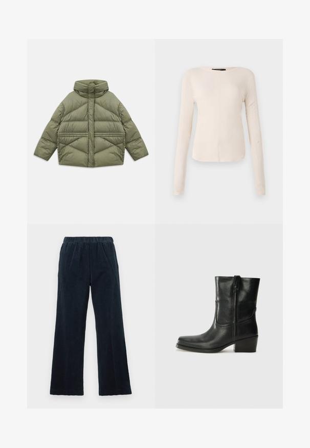 Olive green puffer jacket with high collar, diagonal stitching, long sleeves, and zippered side pockets, laid flat on white background.; Long-sleeve, light beige top with a round neckline. Made of soft fabric, features a central seam and slightly curved hem. No visible hardware.; Navy corduroy trousers with a wide-leg design, elastic waistband, and vertical ribbed texture. Features side pockets and a straight hem.; Black leather ankle boot with a rounded toe, block heel, side zipper, and stitching accents on the vamp. Smooth texture, classic design.