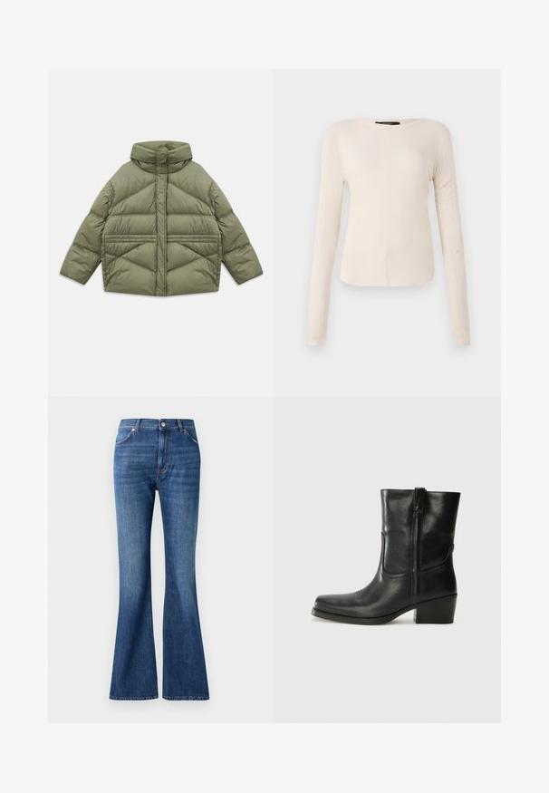 Olijfgroen pufferjack met hoge kraag, diagonale stiksels, lange mouwen en ritssluitingen aan de zijzakken, plat gelegd op een witte achtergrond.; Langsleeve, lichtbeige top met een ronde halslijn. Gemaakt van zachte stof, heeft een centrale naad en een iets gebogen rand. Geen zichtbare hardware.; Blauwe flared jeans van denim, met een hoge taille, vijf zakken en een subtiel wassingpatroon bij de naden.; Zwarte leren enkellaars met een ronde neus, blokhak, zijrits en stikselaccenten op de wreef. Gladde textuur, klassiek ontwerp.