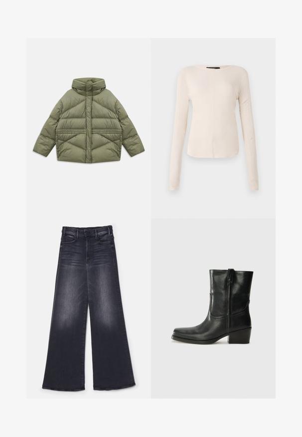 Olivengrøn puffjakke med høj krave, diagonale syninger, lange ærmer og lynlåslommer på siden, lagt fladt på hvid baggrund.; Langærmet, lys beige top med rund halsudskæring. Lavet af blødt stof, har en central søm og let buet kant. Der er ingen synlige metaldele.; Mother THE HUSTLER ROLLER SNEAK - Wide leg - not today satan; Sort læder ankelstøvle med rundt tå, blokhæl, lynlås i siden og stikninger på vampsiden. Glat tekstur, klassisk design.