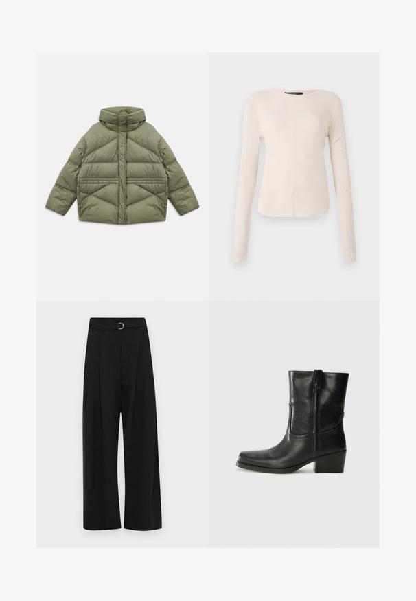 Olišu zaļš pūkains mētelis ar augstu apkakli, slīpiem šuvēm, garām piedurknēm un kabatām ar rāvējslēdzēju, izmests uz baltā fona.; Ilgi piedurkņu, gaiši bēšas krāsas blūze ar apaļu dekoltē. Izgatavota no mīksta auduma, ar centrālo šuvi un nedaudz izliekta apakšmala. Nav redzamu papildus elementu.; Melnas platas bikses, izgatavotas no gludas auduma, ar jostu ar sudraba sprādzi, priekšējām krokām un taisnu apakšējo malu.; Melna ādas potīte ar noapaļotu purngalu, bloku papēdi, sānu rāvējslēdzēju un šuvju akcentiem uz virsmas. Gluda tekstūra, klasiskā dizaina.