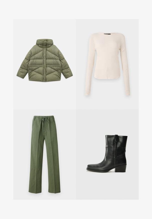 Olíva zöld pehelykabát magas gallérral, ferde varrással, hosszú ujjakkal és cipzáras oldazsebekkel, fehér háttéren lefektetve.; Hosszú ujjú, világos bézs blúz kerek nyakkivágással. Puha anyagból készült, középső varrással és enyhén ívelt szegéllyel rendelkezik. Nincs rajta látható fémrész.; Zöld, laza szabású nadrág, könnyű anyagból készült, rugalmas derékkal, húzózsinórral és oldalzsebekkel.; Fekete bőr bokacsizma lekerekített orral, blokk sarkúval, oldalsó cipzárral és varrásos díszítéssel az elején. Simább textúra, klasszikus dizájn.