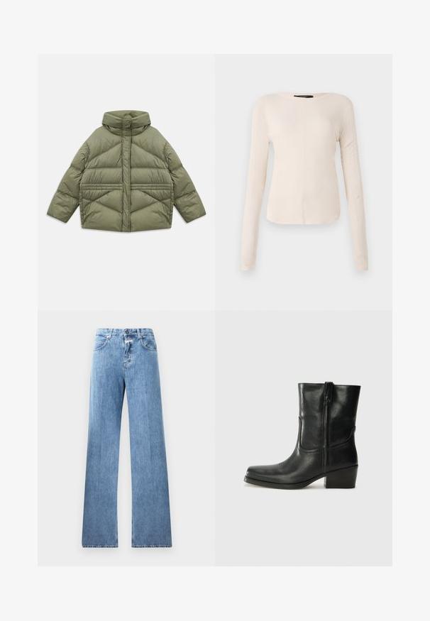 Chaqueta acolchada de color verde oliva con cuello alto, costuras diagonales, mangas largas y bolsillos laterales con cremallera, colocada plana sobre un fondo blanco.; Top de manga larga, color beige claro, con cuello redondo. Fabricado en un tejido suave, presenta una costura central y un dobladillo ligeramente curvado. Sin herrajes visibles.; Jeans de mezclilla de color azul claro con un diseño de pierna ancha, cinco bolsillos, trabillas para cinturón y cierre de botón. La tela tiene una textura suave.; Botín negro de cuero hasta el tobillo con punta redondeada, tacón cuadrado, cremallera lateral y detalles de costura en el empeine. Textura suave, diseño clásico.