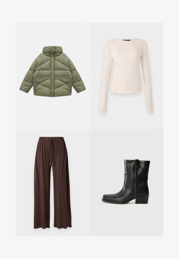 Alyvmedis puffer džemperis su aukštu apykakle, įstrižinėmis siūlėmis, ilgomis rankovėmis ir užtrauktukais šonuose, padėtas ant balto fono.; Ilgesnių rankovių, šviesiai bežinis viršus su apvaliu iškirpimu. Pagamintas iš minkštos medžiagos, turi centrinę siūlę ir šiek tiek kreivą apatinių kraštų liniją. Matomų detalių nėra.; Rudos plačiakojai kelnės su elastine juosmeniu, reguliuojamu raišteliu ir lygiu paviršiumi. Prieduose nikelio spalvos agletai ant raištelio.; Juodi odiniai aulinukai iki kulkšnies su apvali nosimi, blokuotais kulnais, šonine užtrauktuku ir siuvimo akcentais ant viršutinės dalies. Lygi tekstūra, klasikinis dizainas.