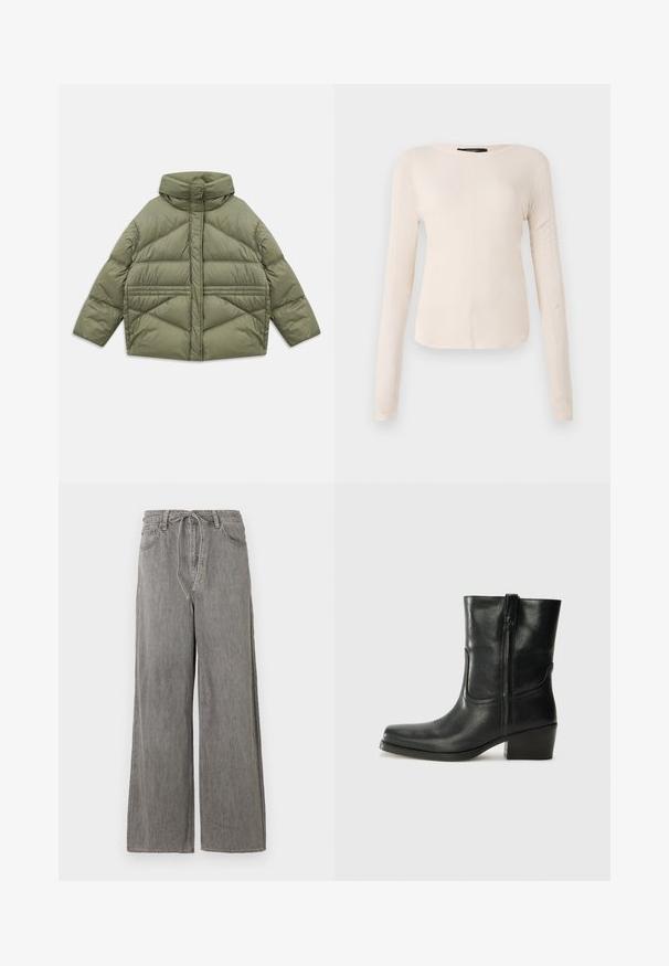 Olive green puffer jacket with high collar, diagonal stitching, long sleeves, and zippered side pockets, laid flat on white background.; Long-sleeve, light beige top with a round neckline. Made of soft fabric, features a central seam and slightly curved hem. No visible hardware.; Wide-leg gray denim pants with a high waist, featuring a drawstring, two front pockets, and subtle stitch detailing.; Black leather ankle boot with a rounded toe, block heel, side zipper, and stitching accents on the vamp. Smooth texture, classic design.