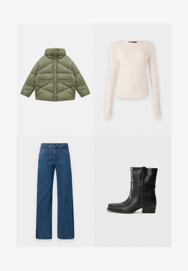 Oliivinvihreä untuvatakki korkealla kauluksella, vinonapituksilla, pitkillä hihoilla ja vetoketjullisilla sivutaskuilla, asetettuna tasaiseksi valkoista taustaa vasten.; Pitkähihainen, vaaleanbeige paita, jossa on pyöreä kaula-aukko. Valmistettu pehmeästä kankaasta, jossa on keskeinen sauma ja hieman kaareva helma. Ei näkyvää metalliosaa.; Siniset korkea vyötäröiset leveät lahkeiset farkut, joissa on etu- ja takataskut, napitus ja näkyvät tikkaukset valkoisella taustalla.; Musta nahkasaapas nilkkamittaisella varrella, pyöreällä kärjellä, lohkarekorolla, sivuvetoketjulla ja ompeluaksentilla varren yläosassa. Suora pinta, klassinen muotoilu.